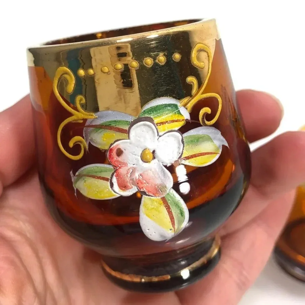 Bohemian Amber Glass Gold Gilding Raised Hand Painted Floral Design Shot Glasses